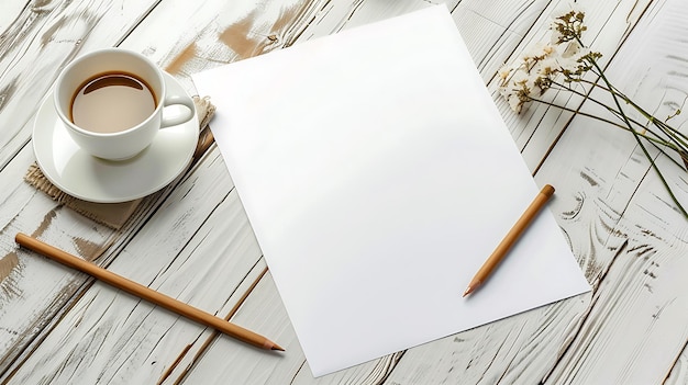 Photo white wooden background with a cup of coffee a pencil and a blank sheet of paper workspace concept