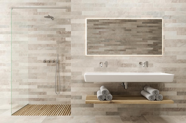 White wooden bathroom interior with a double sink with a dark wooden shelf under it and two narrow vertical mirrors. A glass wall shower stall in the corner. 3d rendering mock up