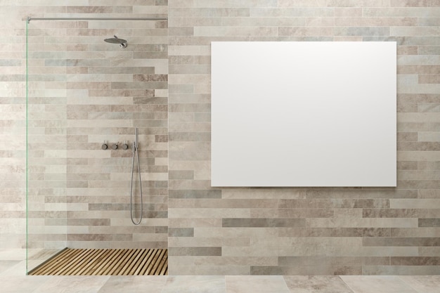 Photo white wooden bathroom interior with a glass wall shower stall in the corner. a horizontal poster on the wall. 3d rendering mock up