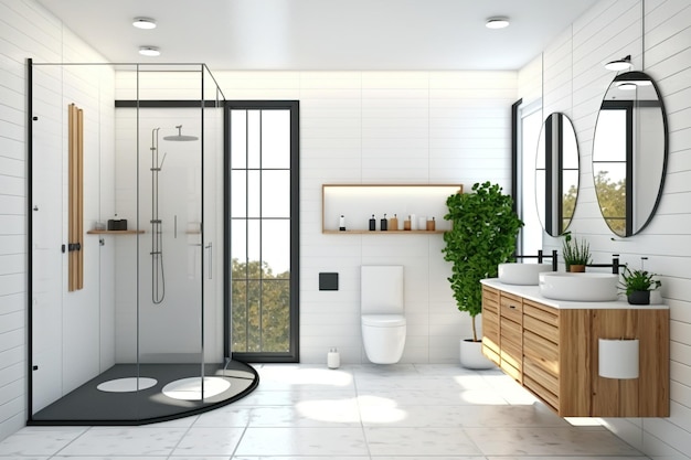 White and wooden bathroom with a black tiled floor a shower stall with glass walls and a double sink with an oval mirror mock up