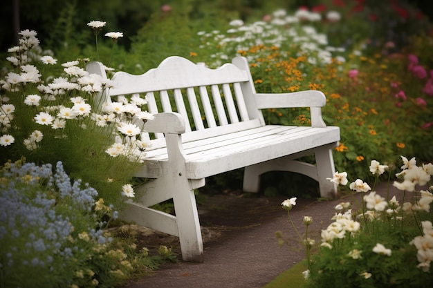 Белая деревянная скамейка в зеленом саду.