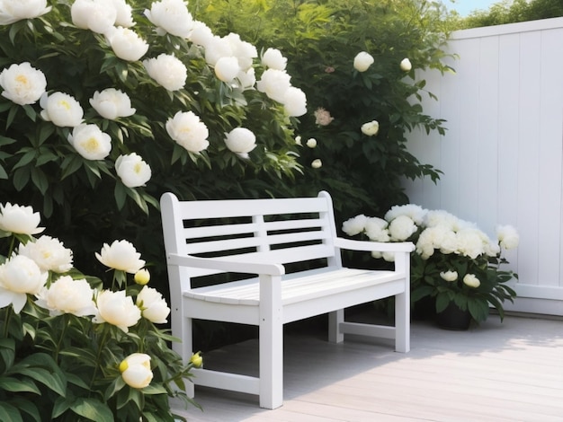 A white wooden bench surrounded by white peonies