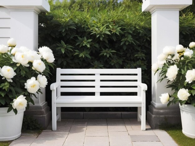 A white wooden bench surrounded by white peonies