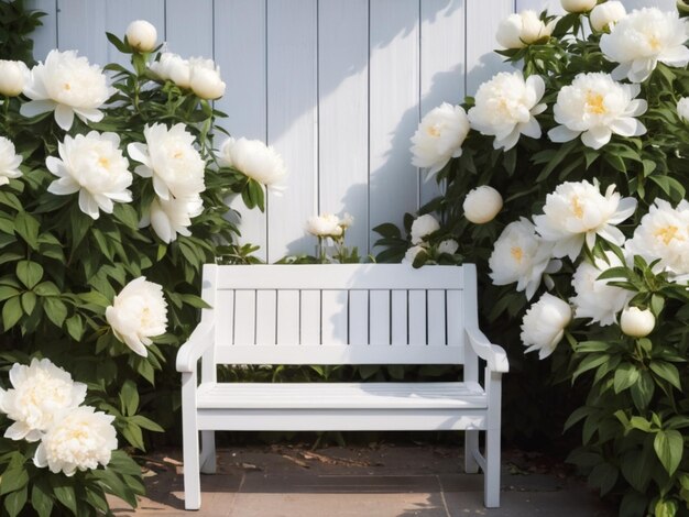 Белая деревянная скамейка, окруженная белыми пионами.