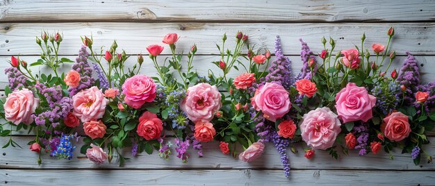 On white wooden boards are pink roses and lilac flowers