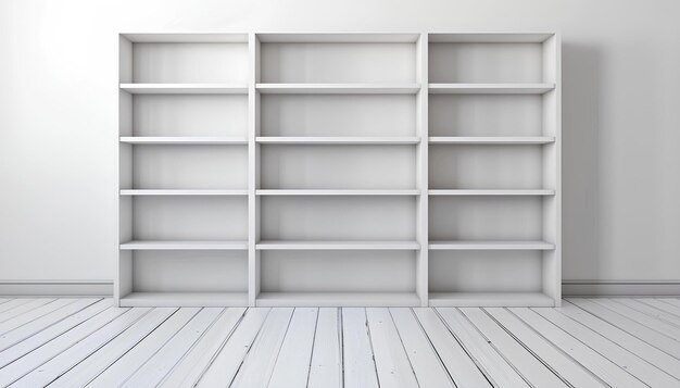 white wooden bookshelf in empty white roomon background