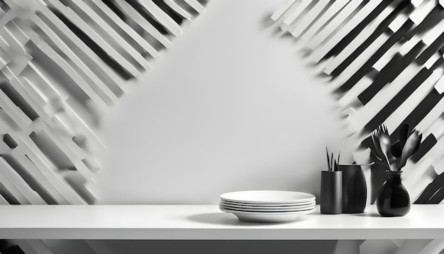 White wooden desk of free space and wall with shadows White and black napkin decoration