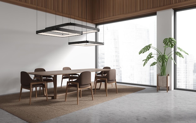 White and wooden dining room corner with window