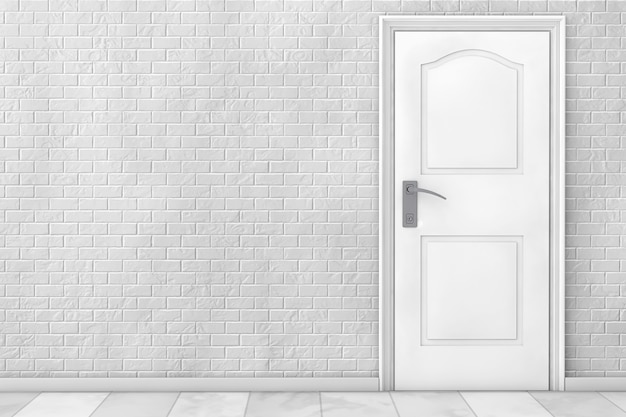 White Wooden Door in front of Brick Wall. 3d Rendering