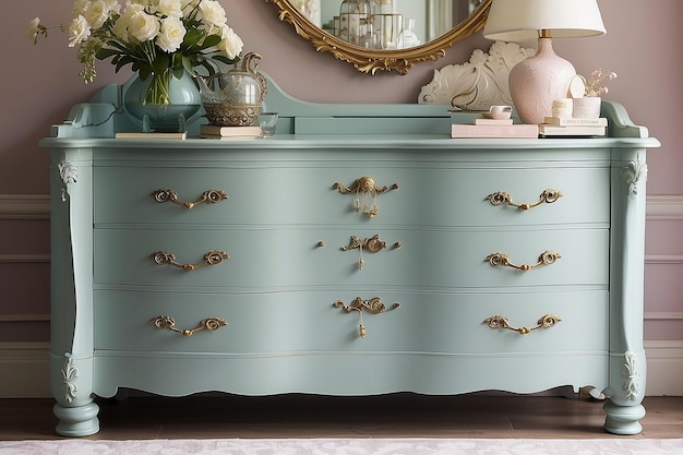 사진 white wooden dresser with three vases and flowers on white wall background chest of drawers close up