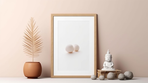 White wooden frame mockup with pen in the style of light bronze Generative AI