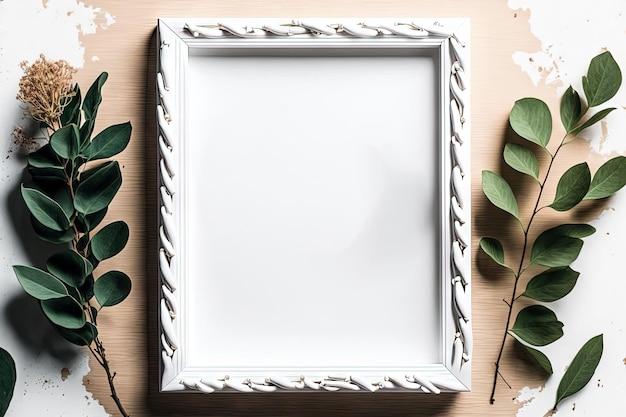 Photo white wooden frame with branch mockup