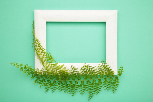 White wooden frame with green leaves on mint background Top view