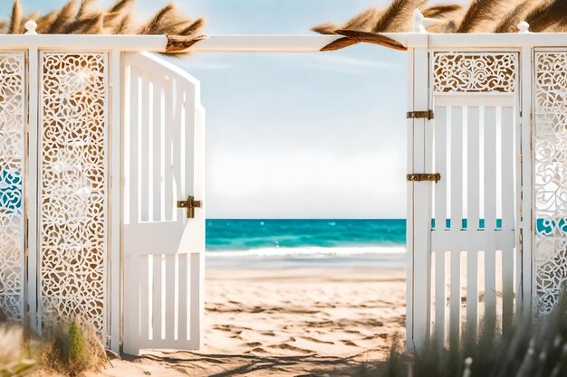 Photo white wooden gate on the beach with a blue sky and clouds