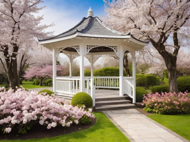 A white wooden gazebo surrounded by blooming cherry blossoms