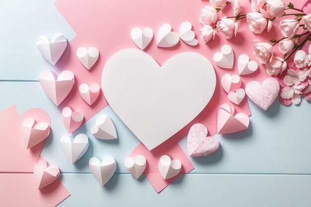 White wooden heart and paper hearts on pink pastel background top view greeting card for valentines woman or mothers day wedding mockup flat lay