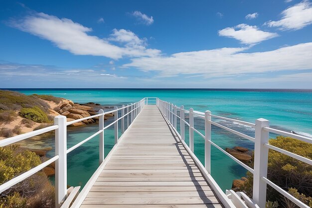 White wooden jetty railing with ladder exit and chain and Indian Ocean seascapeJetty RailingIndian Ocean Western Australia