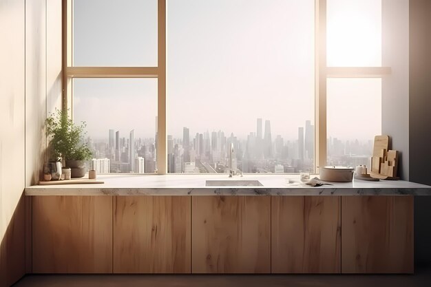 White and wooden kitchen set on white floor wooden cutting table with spaces for bottles side view