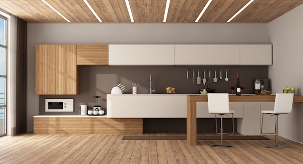 White and wooden kitchen with peninsula and stools