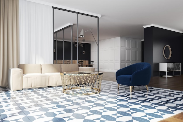 White and wooden living room corner with a checkered floor, a beige sofa and a dark blue armchair. 3d rendering mock up