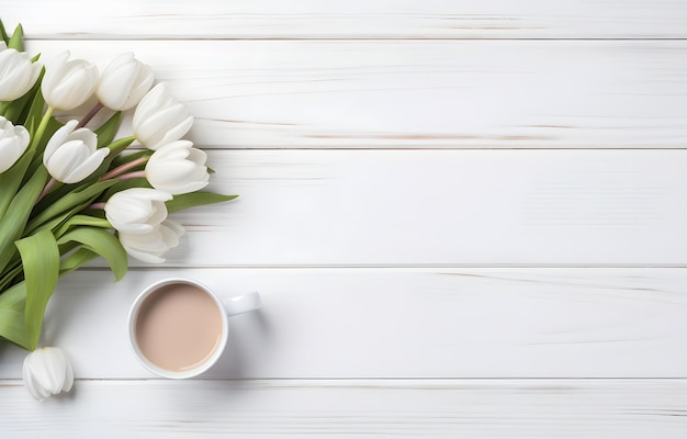 フリーランスの名刺装飾用の白い木製のオフィステーブルのコーヒーカップと花