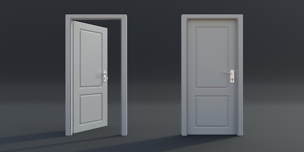 White wooden open and closed doors and frames on empty grey floor background 3d