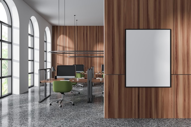 White and wooden open space office with poster