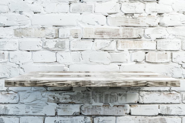 Photo white wooden shelf over white brick wall