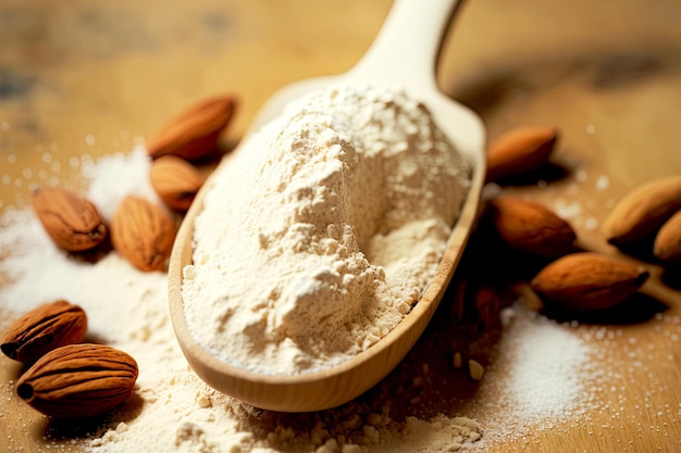 Photo white wooden spoon with almond flour and unrefined almonds on table