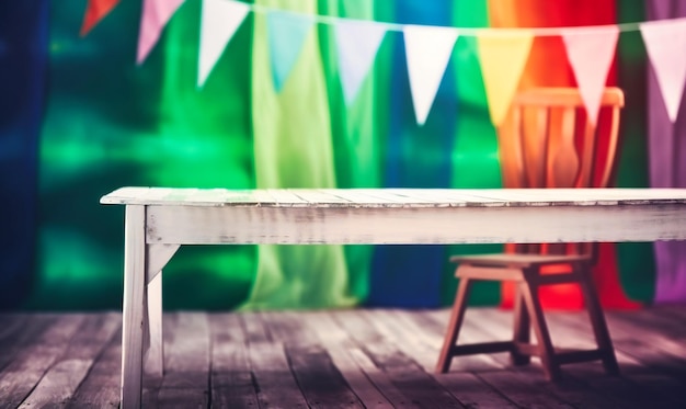 White wooden table next to colorful flags on the background