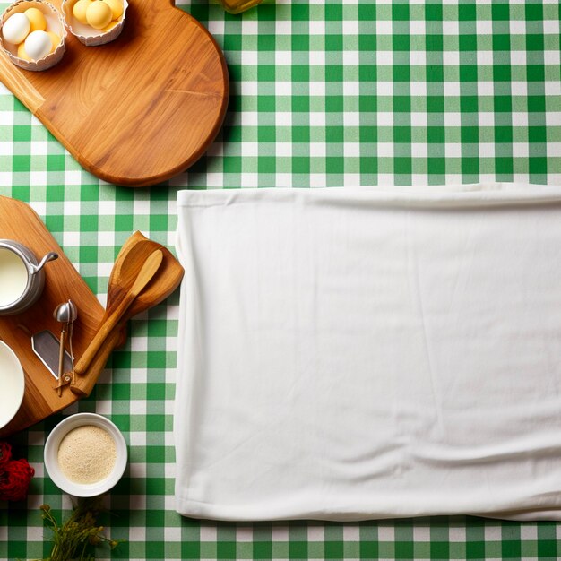 Фото Белый деревянный стол, покрытый зеленой скатертью и кулинарной посудой