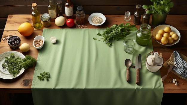 緑色の食卓布と調理具で覆われた白い木製のテーブル