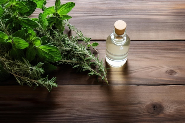 A white wooden table is adorned with a flat lay displaying a bottle of essential oil featuring invig