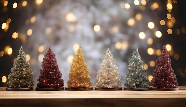 a white wooden table is on bokeh behind christmas trees in the style of light maroon and dark green