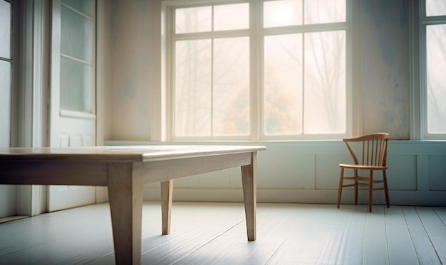 White wooden table top in white room wall