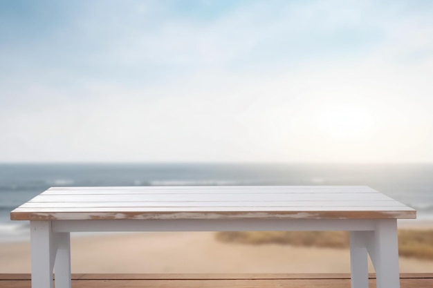 A white wooden table with a beach in the background.