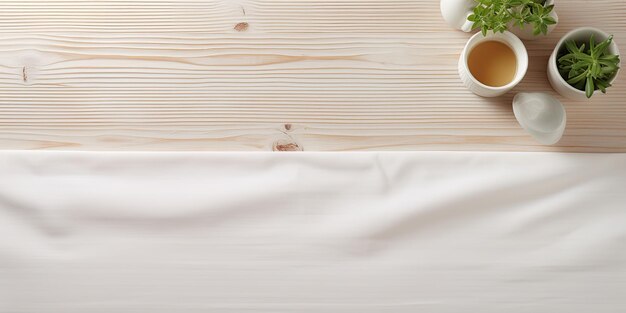 写真 白い木製のテーブルとキッチン布のトップビューコピースペース