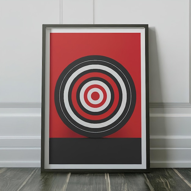 white wooden wall with red and black round frame