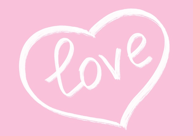 White word love is written inside drawn heart frame on pink color background Inscription for Valentine Day holiday