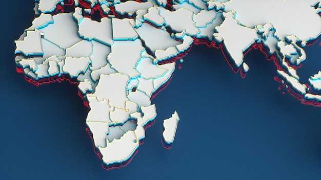 写真 青い背景のアフリカ大陸と国々と金色の境界線と赤い輪郭を持つ白い世界地図