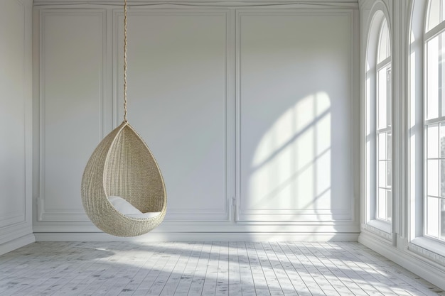 White woven chair hangs from rope in front of window