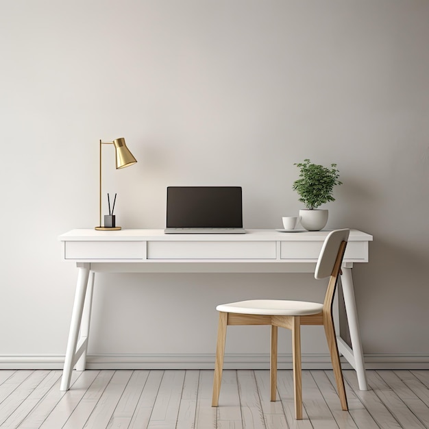 White writing desk with a laptop