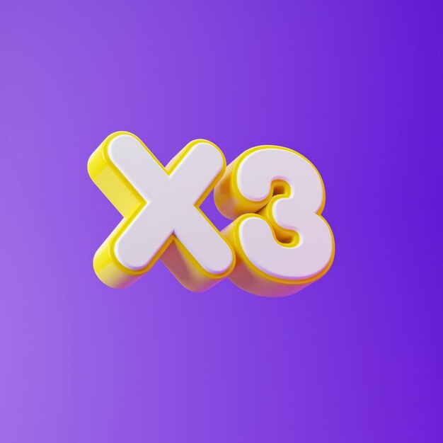 White x3 symbol with yellow outline isolated over purple background 3d rendering