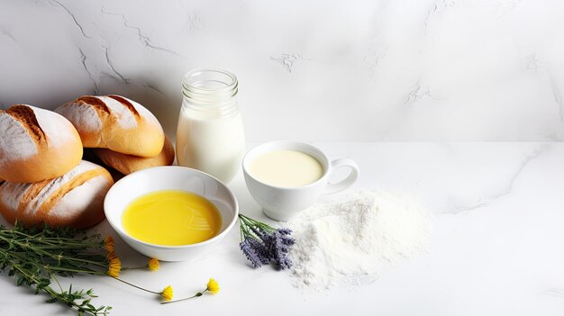 White and yellow background with flour and other ingredients egg slices fresh eggs milk and butt