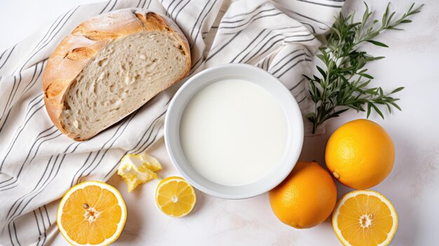 White and yellow background with flour and other ingredients egg slices fresh eggs milk and butt