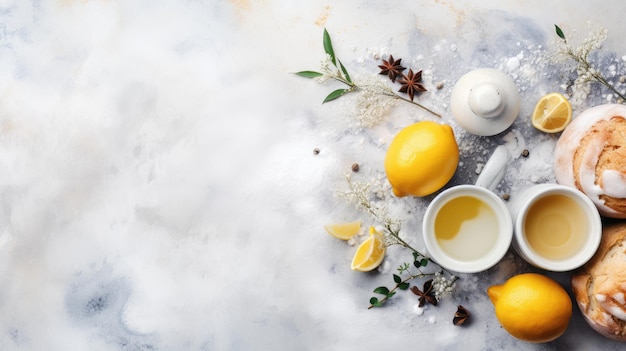 White and yellow background with flour and other ingredients egg slices fresh eggs milk and butt