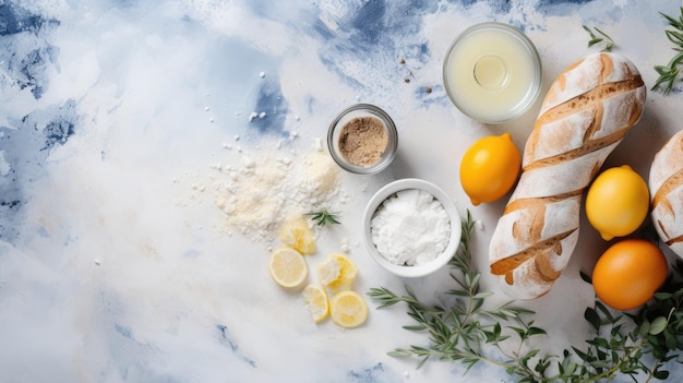 White and yellow background with flour and other ingredients egg slices fresh eggs milk