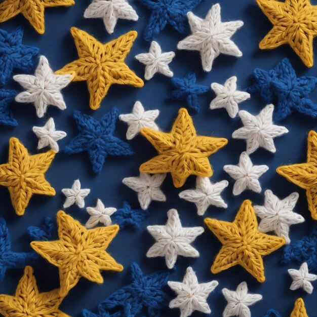 Foto le stelle bianche e gialle cucite con un gancio su uno sfondo blu con spazio di copia