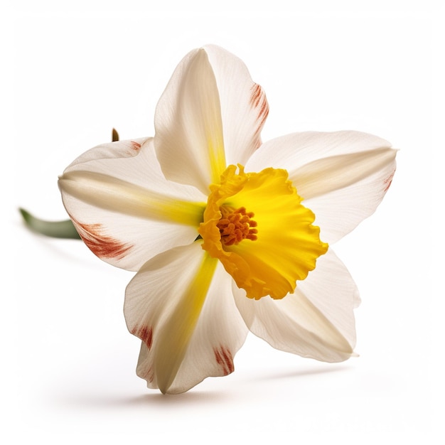 A white and yellow flower with a red center is showna white background