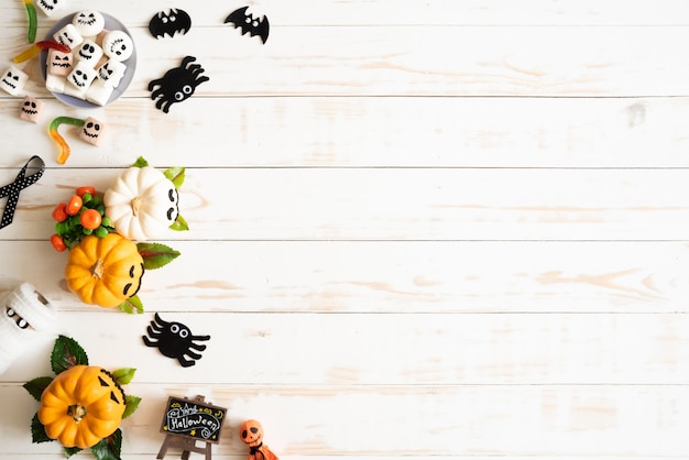 White and yellow ghost pumpkins with bat spider mummy jelly worm and gift box 